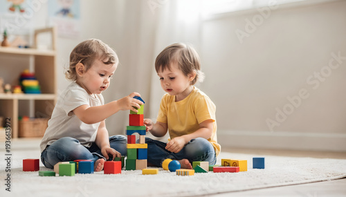 Two young children thoughtfully build with colorful wooden blocks on a white rug, fostering early development and creative play in a bright nursery setting