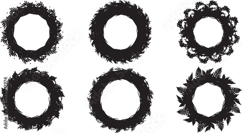Black Solid Autumn Wreath Silhouettes Set of Six on White Background