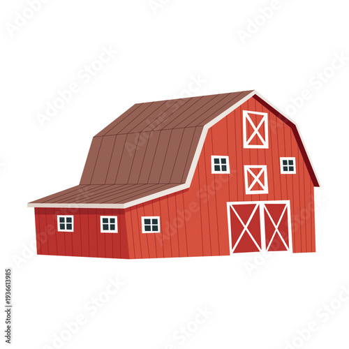 Red Farm Barn Vector Illustration. Cartoon Rustic Wooden Barn Building. Traditional American Countryside Farmhouse Stable. Rural Agriculture Architecture in Flat Style. 