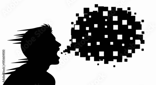 Silhouette of a man shouting, his words dissolving into a cloud of abstract squares