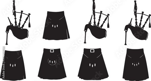Black Solid Bagpipes Silhouettes Set of Six on White Background