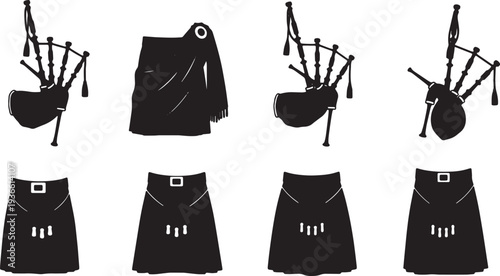 Black Solid Bagpipes Silhouettes Set of Six on White Background