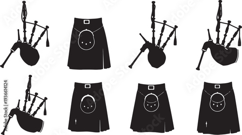 Black Solid Bagpipes Silhouettes Set of Six on White Background