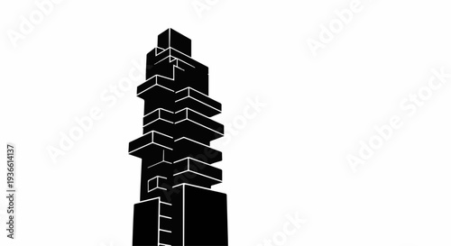 Modern abstract skyscraper with geometric stacked blocks against a white background