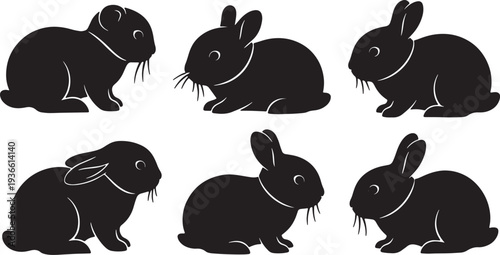 Black Solid Baby Bunny Silhouettes Set of Six on White Background
