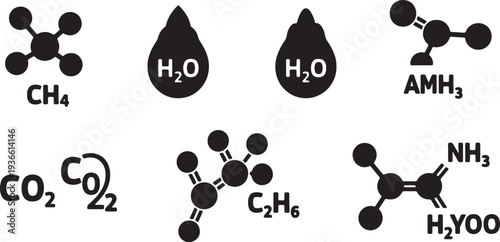 Black Solid Ball and Stick Molecular Silhouettes Set of Six on White Background