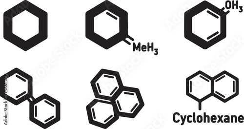 Black Solid Ball and Stick Molecular Silhouettes Set of Six on White Background