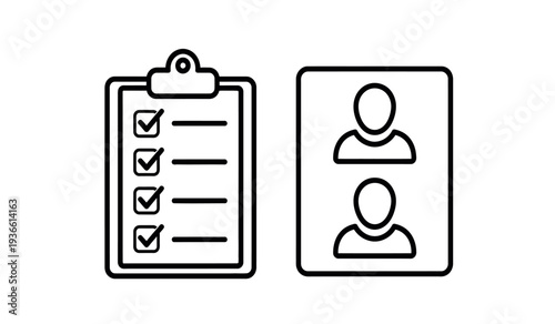 Line art icons of a clipboard with checkmarks and a card with two people