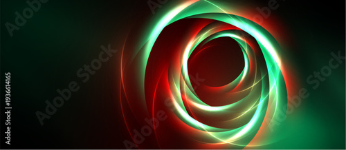 Abstract swirls, vibrant red, green hues dominate dark background. Circular patterns create dynamic visual effect. Smooth gradients present energy.