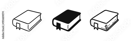 Single book with bookmark icon set in outline, solid, and hand-drawn styles, representing reading and study.