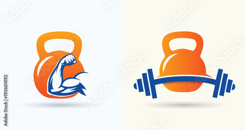 Kettlebell Barbell and Bicep Logo for Gym Training Strength Icon
