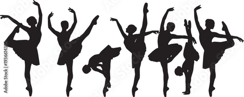 Black Solid Ballet Attitude Penche Silhouettes Set of Six on White Background