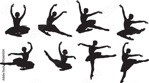 Black Solid Ballet Attitude Alignment Silhouettes Set of Six on White Background