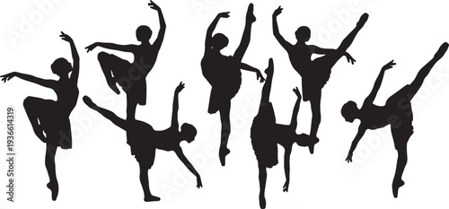 Black Solid Ballet Attitude Penche Silhouettes Set of Six on White Background