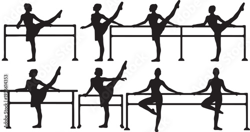 Black Solid Ballet Barre Warm-Up Silhouettes Set of Six on White Background