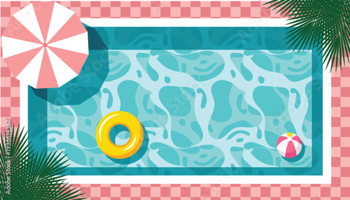 Top view swimming pool scene with inflatable ring, beach ball and sun umbrella. Summer vacation, relaxation and leisure concept in flat vector illustration.