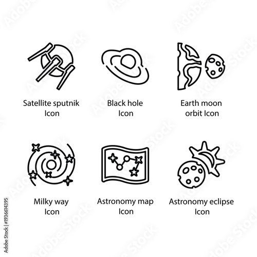 Satellite sputnik, Black hole, Earth moon orbit, Milky way, Astronomy map, Astronomy eclipse, icon