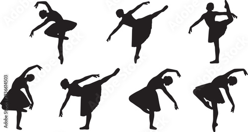 Black Solid Ballet Cambre Bend Silhouettes Set of Six on White Background