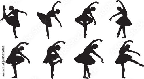Black Solid Ballet Cambre Bend Silhouettes Set of Six on White Background