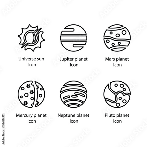 Universe sun, Jupiter planet, Mars planet, Mercury planet, Neptune planet, Pluto planet, icon