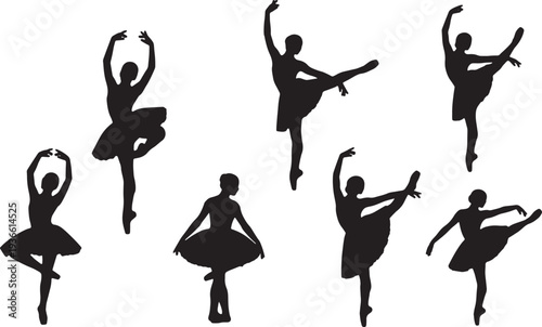 Black Solid Ballet Croise Alignment Silhouettes Set of Six on White Background