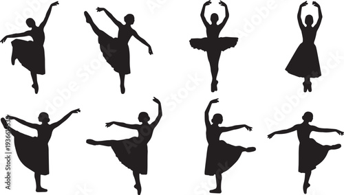 Black Solid Ballet Croise Alignment Silhouettes Set of Six on White Background