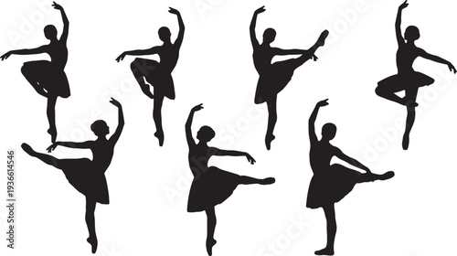 Black Solid Ballet Croise Efface Silhouettes Set of Six on White Background