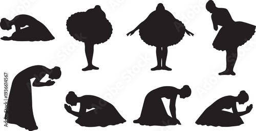 Black Solid Ballet Curtsy Silhouettes Set of Six on White Background
