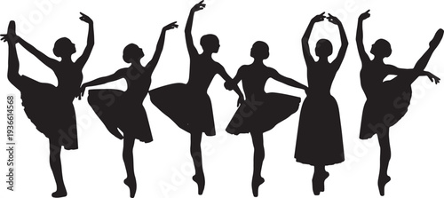Black Solid Ballet Croise Efface Silhouettes Set of Six on White Background