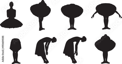 Black Solid Ballet Curtsy Silhouettes Set of Six on White Background