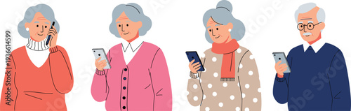 Senior people using smartphones elderly men and women technology lifestyle flat vector illustration set