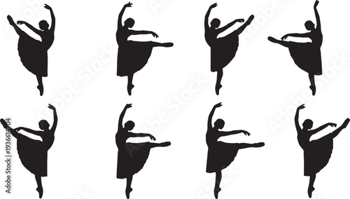 Black Solid Ballet Glissade Jete Silhouettes Set of Six on White Background