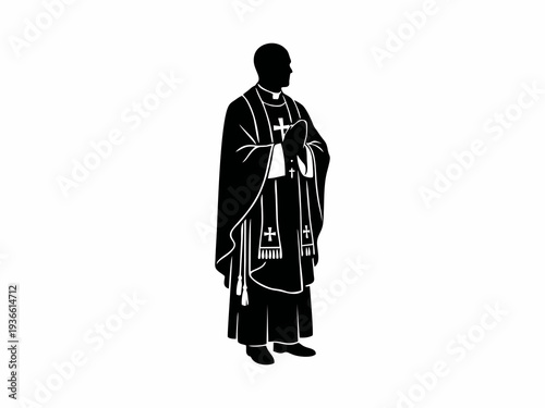 Catholic Priest Silhouette Praying in Traditional Vestments Isolated on White Background