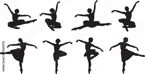 Black Solid Ballet Grand Jete Jump Silhouettes Set of Six on White Background