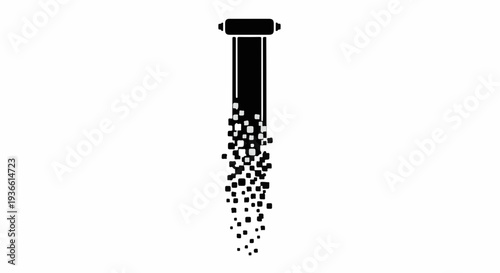 Abstract shower of particles dispersing from a dark cylinder against a white background