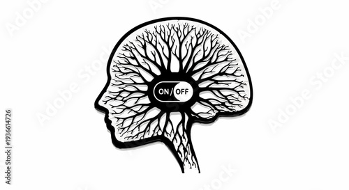 Abstract illustration of a human head silhouette with branching neural pathways and a power switch symbolizing thought activation.