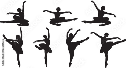 Black Solid Ballet Grand Jete Jump Silhouettes Set of Six on White Background