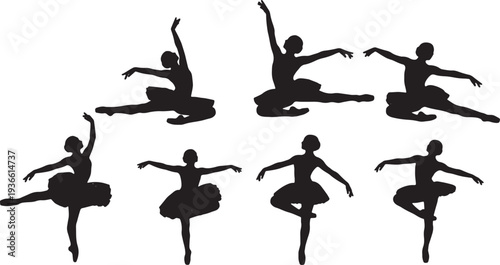 Black Solid Ballet Grand Jete Jump Silhouettes Set of Six on White Background