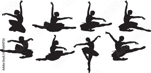 Black Solid Ballet Grand Jete Silhouettes Set of Six on White Background