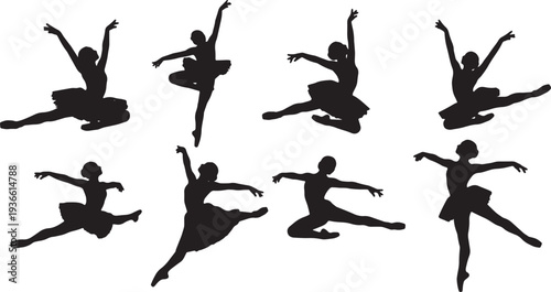 Black Solid Ballet Grand Jete Silhouettes Set of Six on White Background