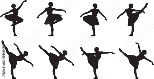 Black Solid Ballet Passe Attitude Silhouettes Set of Six on White Background