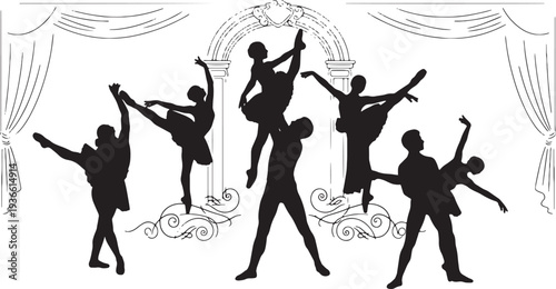 Black Solid Ballet Pas De Deux Silhouettes Set of Six on White Background