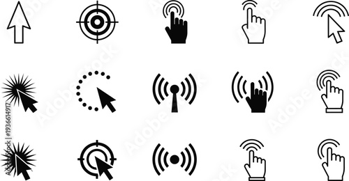 Set of Click and Cursor Icons with Target and Wi- Fi Symbols Keywords: click icon, cursor, pointer, mouse, target, bullseye, Wi