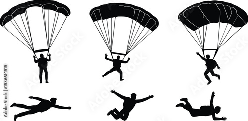 Skydiving and parachute silhouettes set with parachutists landing and freefall skydivers in air extreme sport isolated on white