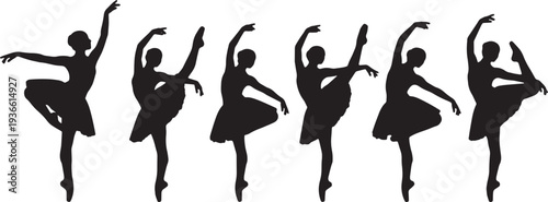 Black Solid Ballet Passe Attitude Silhouettes Set of Six on White Background