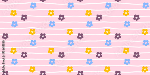 Flower seamless floral for pattern cute kawaii and small check spring. Daisy print easter for pink girl botanical and textile background kids. Flower stripe design for pattern vector vintage