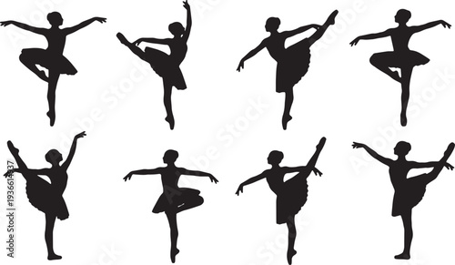 Black Solid Ballet Passe Balance Silhouettes Set of Six on White Background