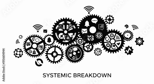 Interconnected gears with technology icons symbolize a complex system facing disruption.