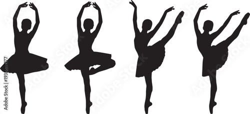 Black Solid Ballet Passe Developpe Silhouettes Set of Six on White Background