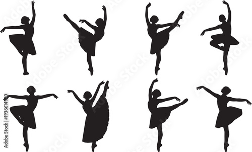 Black Solid Ballet Passe Balance Silhouettes Set of Six on White Background
